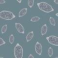 Random abstract seamless pattern with creative lemon shapes print. Pale blue and grey tones backdrop