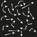 Random arrow chaos. Curved pointer icon. Direction sign pattern. Vector black background. Royalty Free Stock Photo