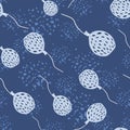 Random balloon silhouettes seamless pattern. Decorative funny ornament in blue tones with dashes on navy colored background with