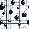 Random black bombs silhouettes seamless doodle pattern. White background with blue check Royalty Free Stock Photo