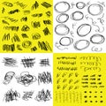 Random black hand drawn doodle and scribbles design elements set on white and yellow