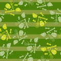 Random blue and yellow skull and bones ornament seamless horror pattern. Green striped background