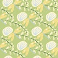 Random botanic seamlless pattern with twigs, blowballs and damselflyes. In green, yellow, blue and pink pastel tones Royalty Free Stock Photo