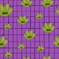 Random bright green childish flowers seamless pattern. Purple chequered background. Abstract kids print