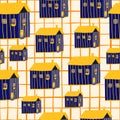 Random bright house ornament seamless pattern. Yellow and navy blue cottages on white backhround with check