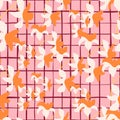 Random bright orange hawaii flower silhouettes seamless pattern in doodle style. Pink chequered background Royalty Free Stock Photo