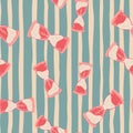 Random bright pink hourglass shapes seamless doodle pattern. Blue and pink striped background