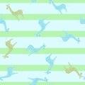 Random childish seamless pattern with simple giraffe shapes print. Green light striped background