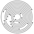 Random concentric circles with dots. Circular, spiral design element.
