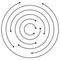 Random concentric circles with dots. Circular, spiral design element.