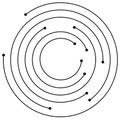 Random concentric circles with dots. Circular, spiral design element.