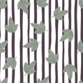 Random contrast seamless pattern with grey little leaf silhouettes. Striped background