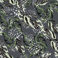 Random dark seamless exotic foliage pattern with monstera. Tropical leaves in green, black and white tones on purple background Royalty Free Stock Photo