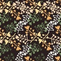 Random dark seamless pattern with flower branches. Black background and orange,green and blue colored botanic ornament Royalty Free Stock Photo