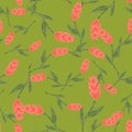 Random decorative seamless pattern with pink ear of wheat elements print. Green background. Plants print Royalty Free Stock Photo