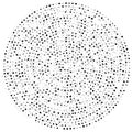 Random dots, circles abstract. Speckles, dotted radial, radiating, circular geometric illustration. Polka-dots, pointillist,