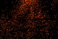 Random flying red orange color particles isolated on the black background, for overlay abstract design