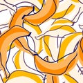 Random fruit modern seamless pattern with stylized contoured banana print. Orange and yellow colors