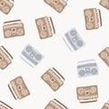 Random isolated seamless pattern with doodle tape recorder elements. Light brown ornament on white background Royalty Free Stock Photo