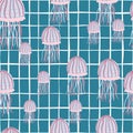 Random jellyfish seamless pattern in pink and blue tones. Underwater print with turquoise chequered background Royalty Free Stock Photo