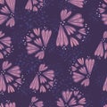 Random lilac outline flower silhouettes seamless pattern. Dark purple background with splashes Royalty Free Stock Photo