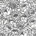 Random lotus flower in black outline on white background. Seamless pattern vector illustration. Royalty Free Stock Photo