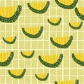 Random melon slices hand drawn seamless pattern. Bright fruit print in yellow summer color on check background Royalty Free Stock Photo