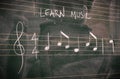 Random music notes written on a blackboard. Learn or teach music concepts