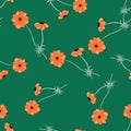 Random orange anemone flowers shapes seamless doodle pattern. Green bright background. Creative print Royalty Free Stock Photo