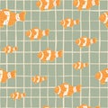 Random orange clown fish seamless pattern in ocean fauna style. Grey chequered background. Sea print Royalty Free Stock Photo