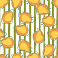 Random orange plum abstract seamless pattern in doodle style. Food backdrop. Green and white striped background