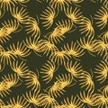 Random orange tropic bush silhouettes seamless pattern in doodle style. Green dark background Royalty Free Stock Photo