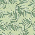 Random outline foliage silhoettes seamless pattern. Green pastel botanic ornament on light background