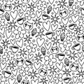 Random outlined doodles with cats, flowers and coffee, vector pattern Royalty Free Stock Photo