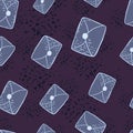 Random pale blue seamless pattern with postal letter elements. Purple background with splashes Royalty Free Stock Photo