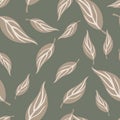 Random pale seamless pattern with simple outline leaf silhouettes. Grey tones artwork