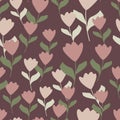 Random pink flowers tulip seamless pattern in doodle style. Pale purple background. Nature backdrop