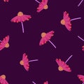 Random pink gerbera flowers seamless doodle pattern. Dark purple background. Brught print