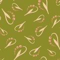 Random pink lily of the valley elements seamless doodle pattern. Green background. Bloom artwork