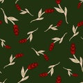 Random red colored ear of wheat doodle seamless pattern. Dark green background. Agronomy floral backdrop Royalty Free Stock Photo