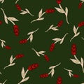 Random red colored ear of wheat doodle seamless pattern. Dark green background. Agronomy floral backdrop