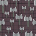 Random seamless ancient pattern with viking ax silhouettes. Scandinavia battle ornament in grey tones on brown background with