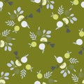 Random seamless cartoon pattern with doodle blue apples and foliage ornament. Green olive background Royalty Free Stock Photo