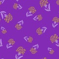 Random seamless field pattern with orange dandelion doodle print. Purple background. Natural style