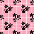 Random seamless floral pattern with brushed black daisy elements. Pink background with white check. Simple backdrop in grunge Royalty Free Stock Photo