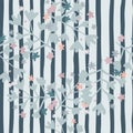 Random seamless floral pattern with pastel blue botanic elements. Light backround with navy blue check Royalty Free Stock Photo
