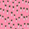 Random seamless fruit pattern with dragon fruit ornament. Doodle food shapes on pink background Royalty Free Stock Photo