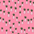 Random seamless fruit pattern with dragon fruit ornament. Doodle food shapes on pink background