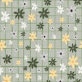 Random seamless naive pattern with chamomile abstract flowers. Floral ornament in orange and green colors on grey chequered