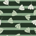 Random seamless nature pattern with doodle cosmos flowers silhouettes. Green and grey striped background